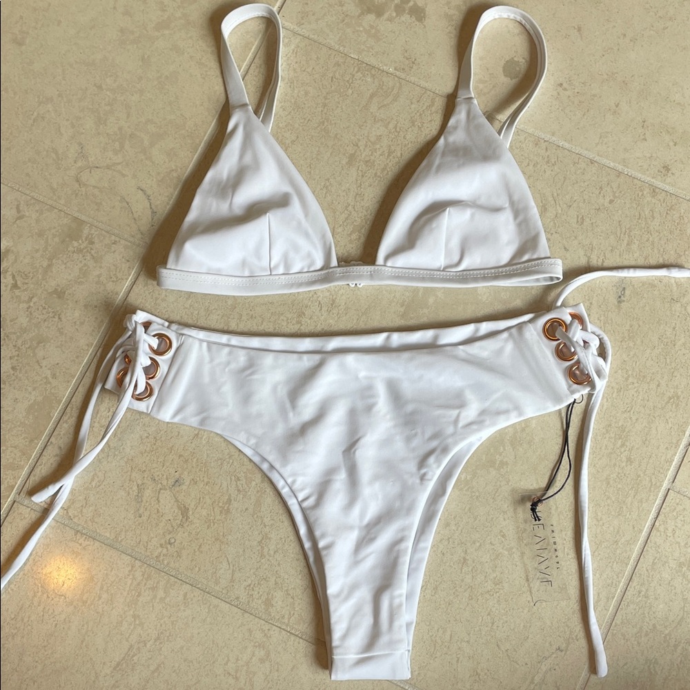 Elegant White Bikini Set with Lace-Up Detail